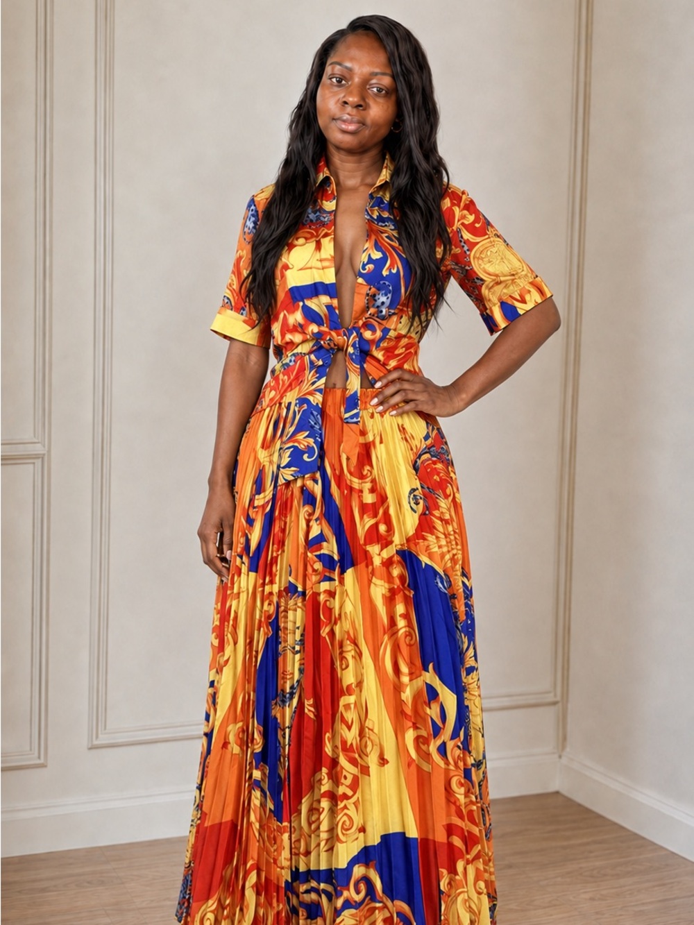 Knot-Front Orange & Royal Blue Printed 2piece Dress